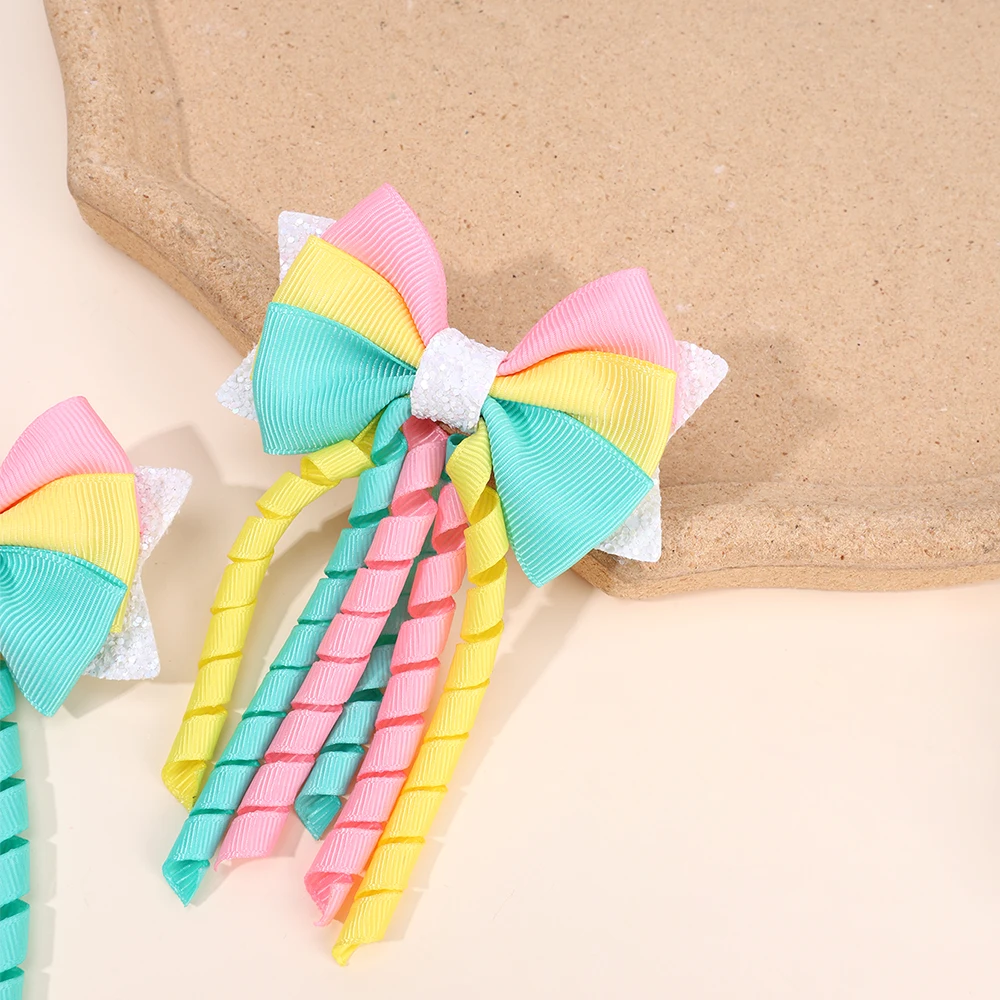 2Pcs Ribbon-Tassel Hair Clips Popular Sweet Rainbow Curly Ribbon Double Ponytail Hairpin Baby Girl Hair Accessories For Children
