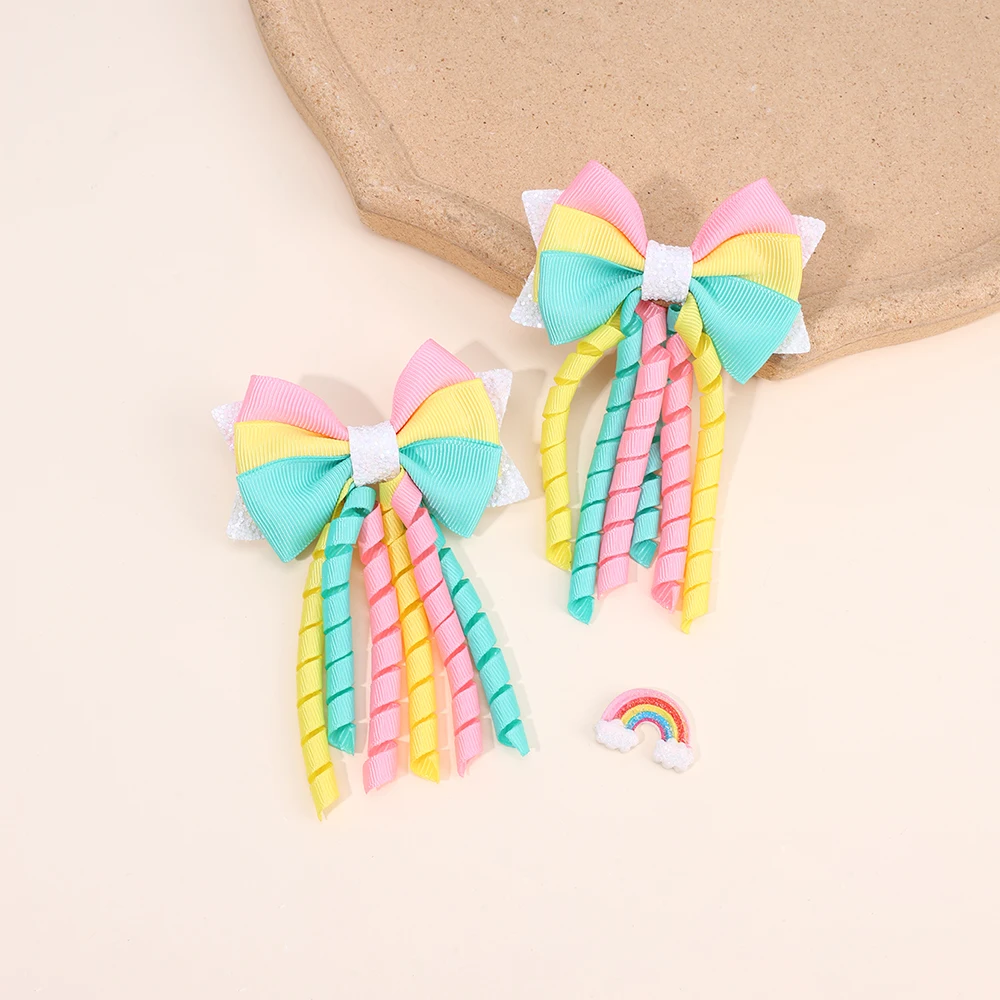 2Pcs Ribbon-Tassel Hair Clips Popular Sweet Rainbow Curly Ribbon Double Ponytail Hairpin Baby Girl Hair Accessories For Children