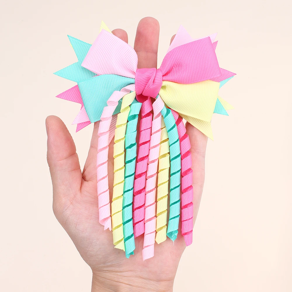 2Pcs Ribbon-Tassel Hair Clips Popular Sweet Rainbow Curly Ribbon Double Ponytail Hairpin Baby Girl Hair Accessories For Children