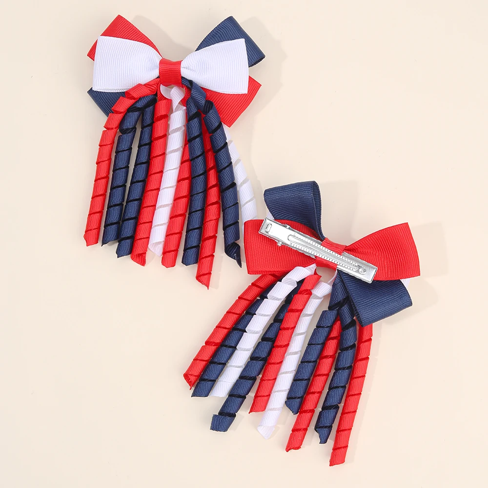 2Pcs Ribbon-Tassel Hair Clips Popular Sweet Rainbow Curly Ribbon Double Ponytail Hairpin Baby Girl Hair Accessories For Children