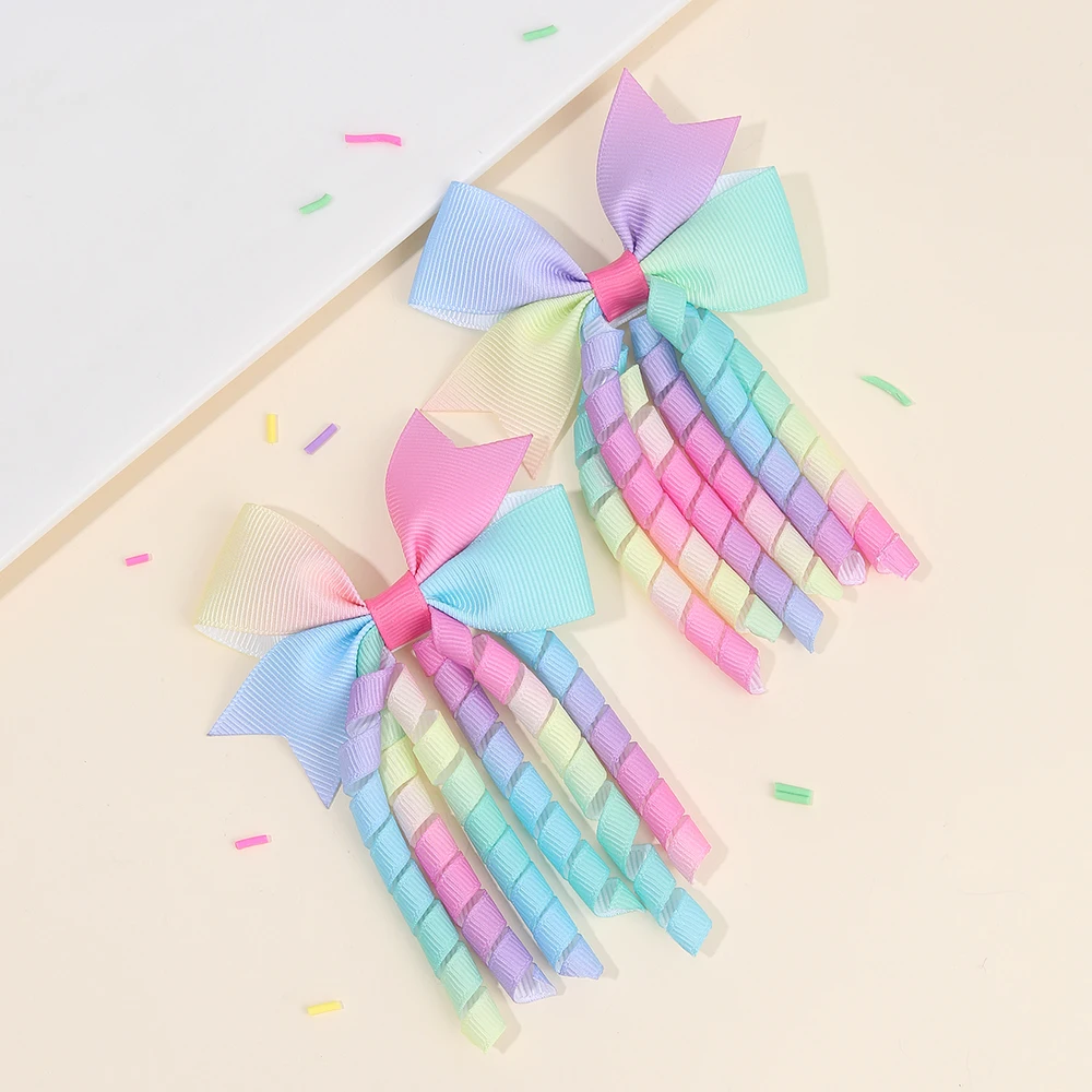 2Pcs Ribbon-Tassel Hair Clips Popular Sweet Rainbow Curly Ribbon Double Ponytail Hairpin Baby Girl Hair Accessories For Children