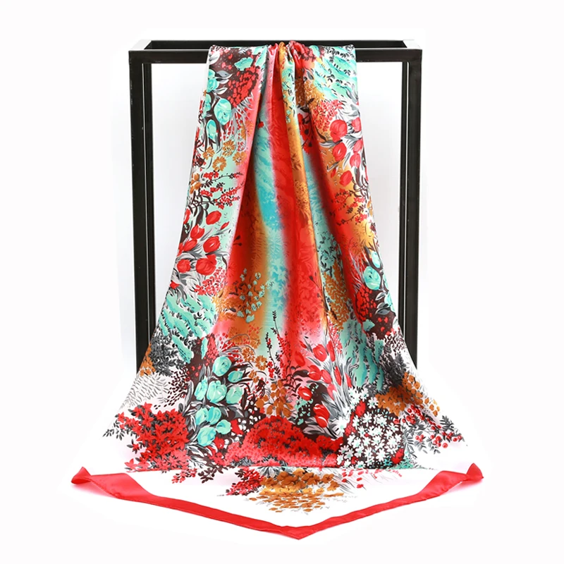 New Silk Square Scarf Women Designer Floral Print Satin Scarves for Lady Foulard Bandana Scarfs Female Neckerchief 90cm Hijab