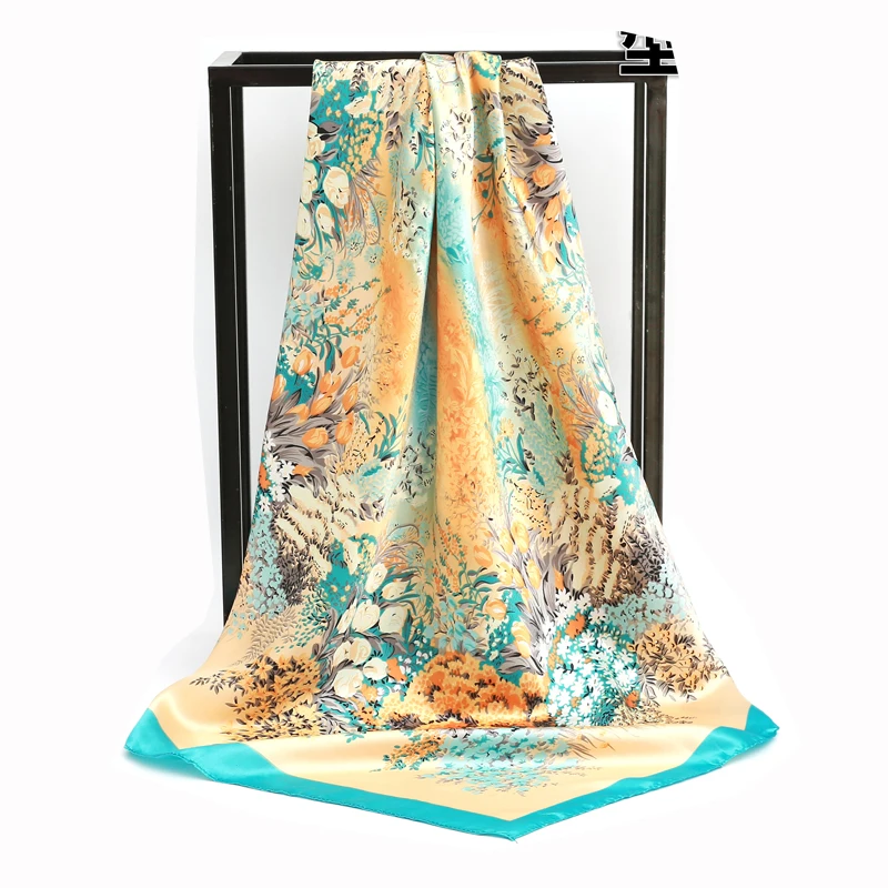 New Silk Square Scarf Women Designer Floral Print Satin Scarves for Lady Foulard Bandana Scarfs Female Neckerchief 90cm Hijab