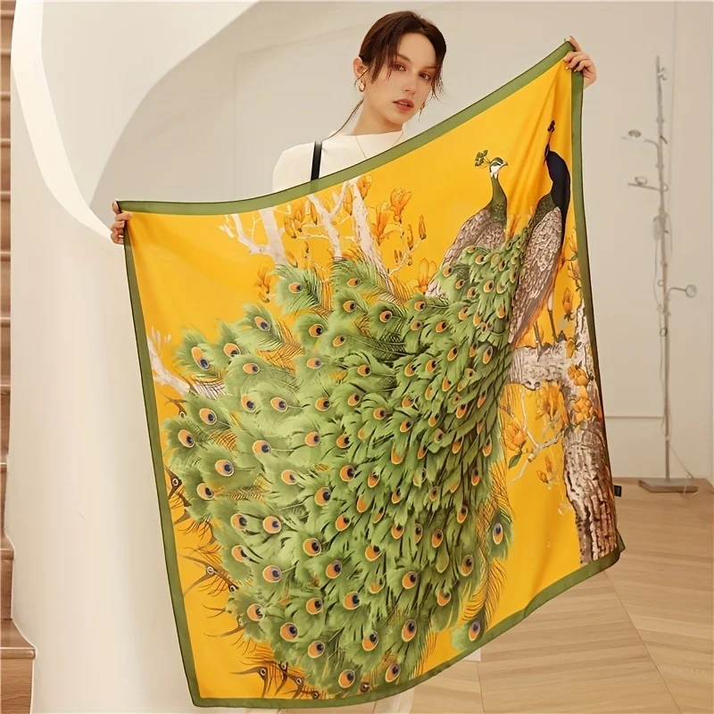 90*90cm Hijab Scarves Women Fashion Peacock Pattern Print Scarf Female Square Shawls Head Ladies Bandanna Foulard Muffler Girl
