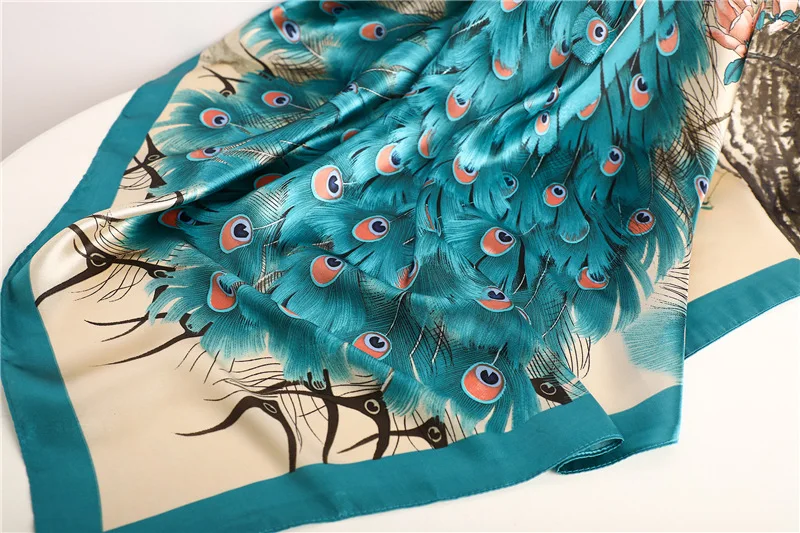 90*90cm Hijab Scarves Women Fashion Peacock Pattern Print Scarf Female Square Shawls Head Ladies Bandanna Foulard Muffler Girl