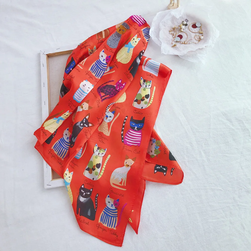 Luxury Brand 2025 New Fashion Summer Silk Square Scarf Women Cat P Satin Neck Hair Tie Band Beach Hijab Head Female Foulard
