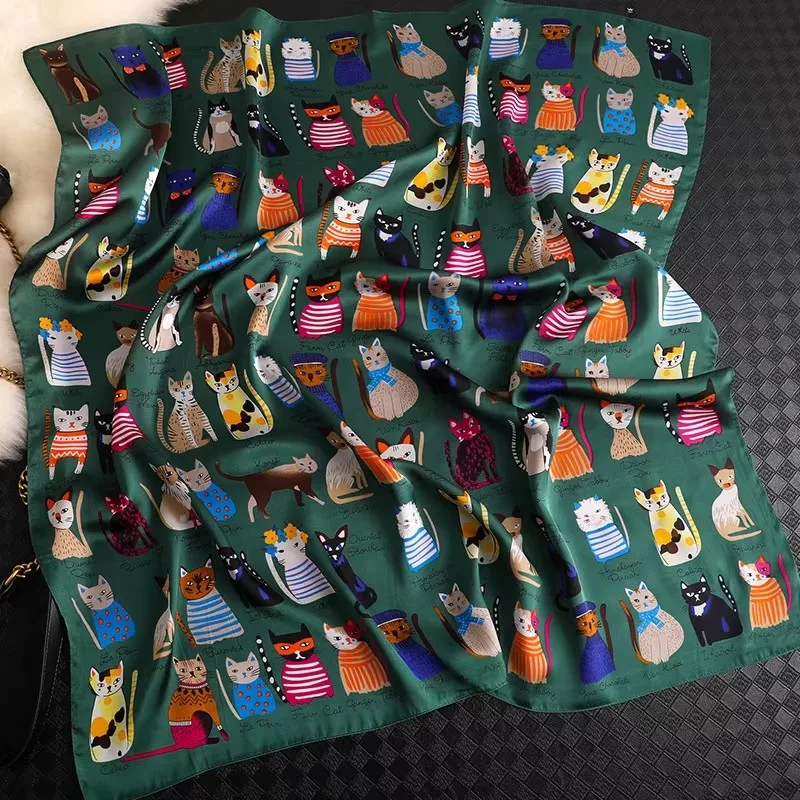 Luxury Brand 2025 New Fashion Summer Silk Square Scarf Women Cat P Satin Neck Hair Tie Band Beach Hijab Head Female Foulard