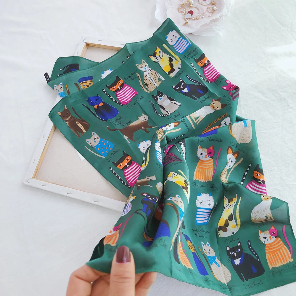 Luxury Brand 2025 New Fashion Summer Silk Square Scarf Women Cat P Satin Neck Hair Tie Band Beach Hijab Head Female Foulard