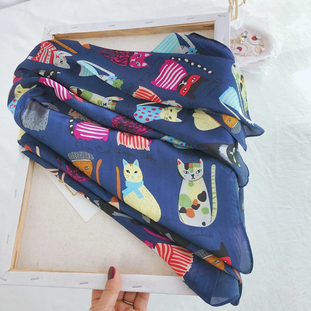 Luxury Brand 2025 New Fashion Summer Silk Square Scarf Women Cat P Satin Neck Hair Tie Band Beach Hijab Head Female Foulard