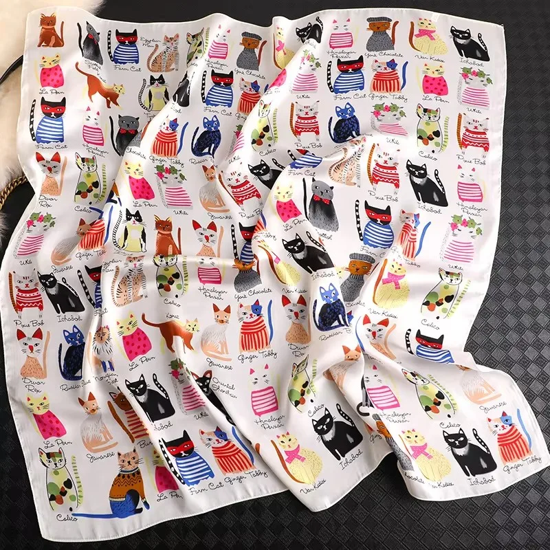 Luxury Brand 2025 New Fashion Summer Silk Square Scarf Women Cat P Satin Neck Hair Tie Band Beach Hijab Head Female Foulard