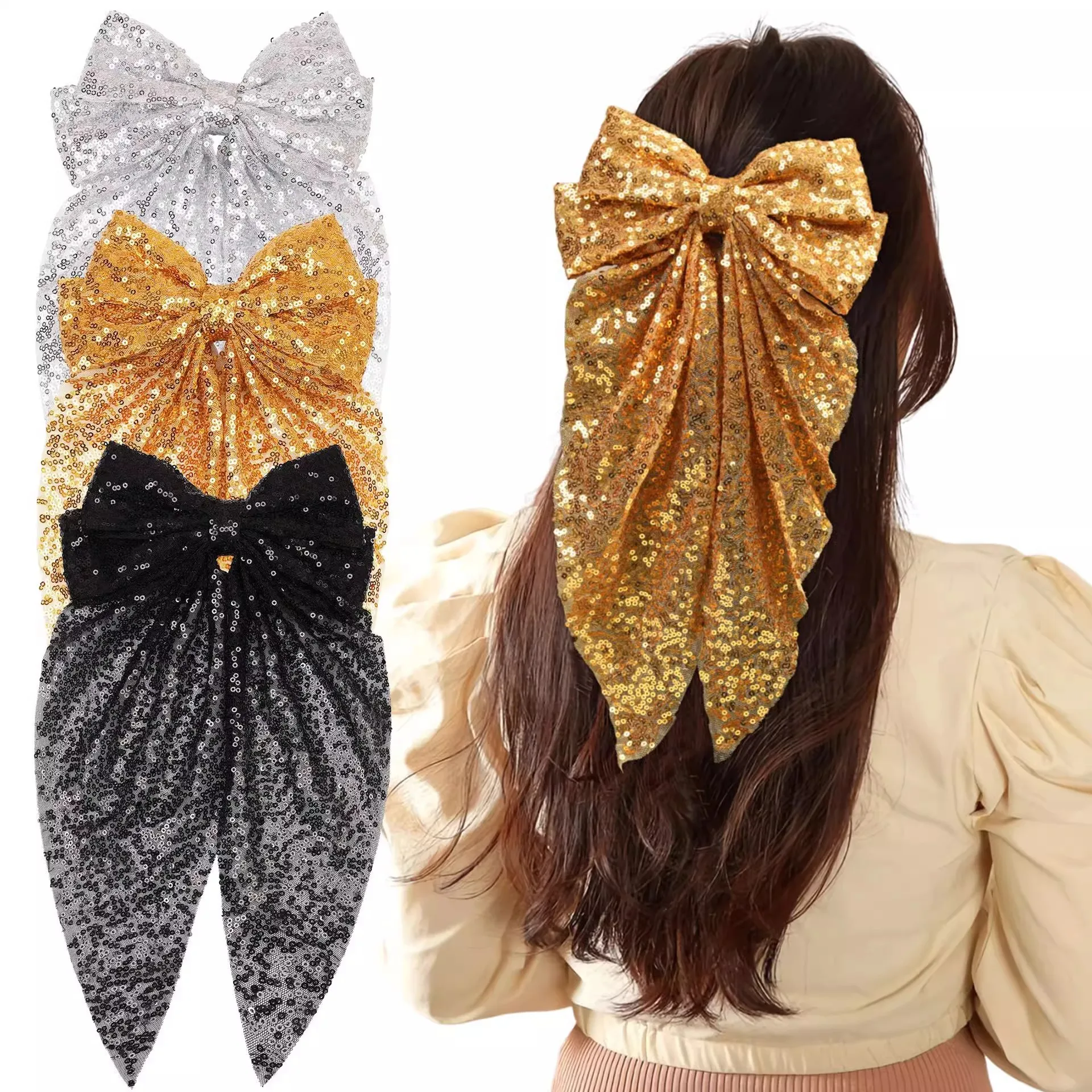 1pc sequin bow headband with ribbon for women; fashionable high ponytail hair accessory; hair clip for the back of the head