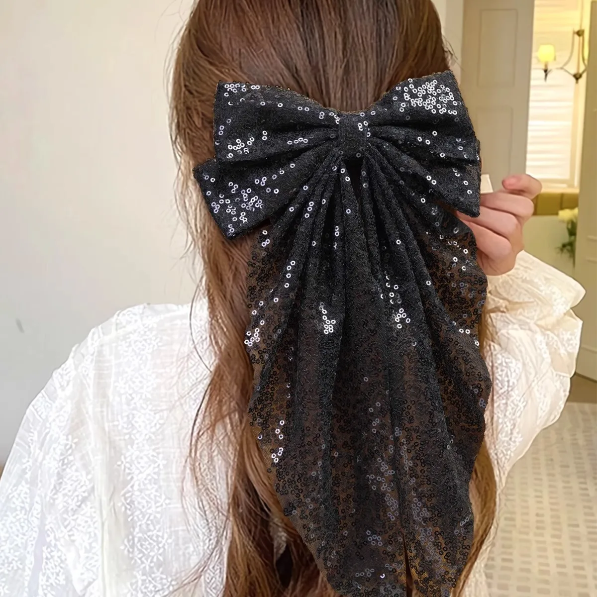 1pc sequin bow headband with ribbon for women; fashionable high ponytail hair accessory; hair clip for the back of the head