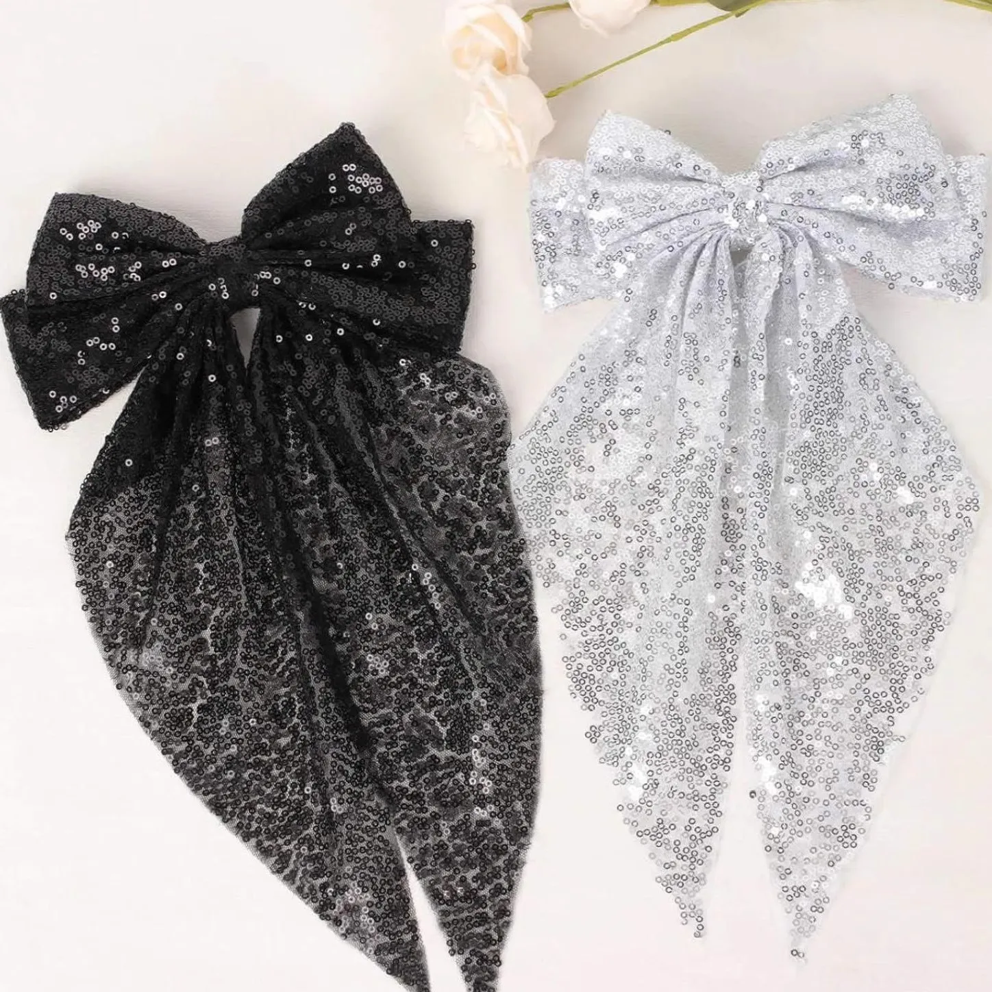 1pc sequin bow headband with ribbon for women; fashionable high ponytail hair accessory; hair clip for the back of the head