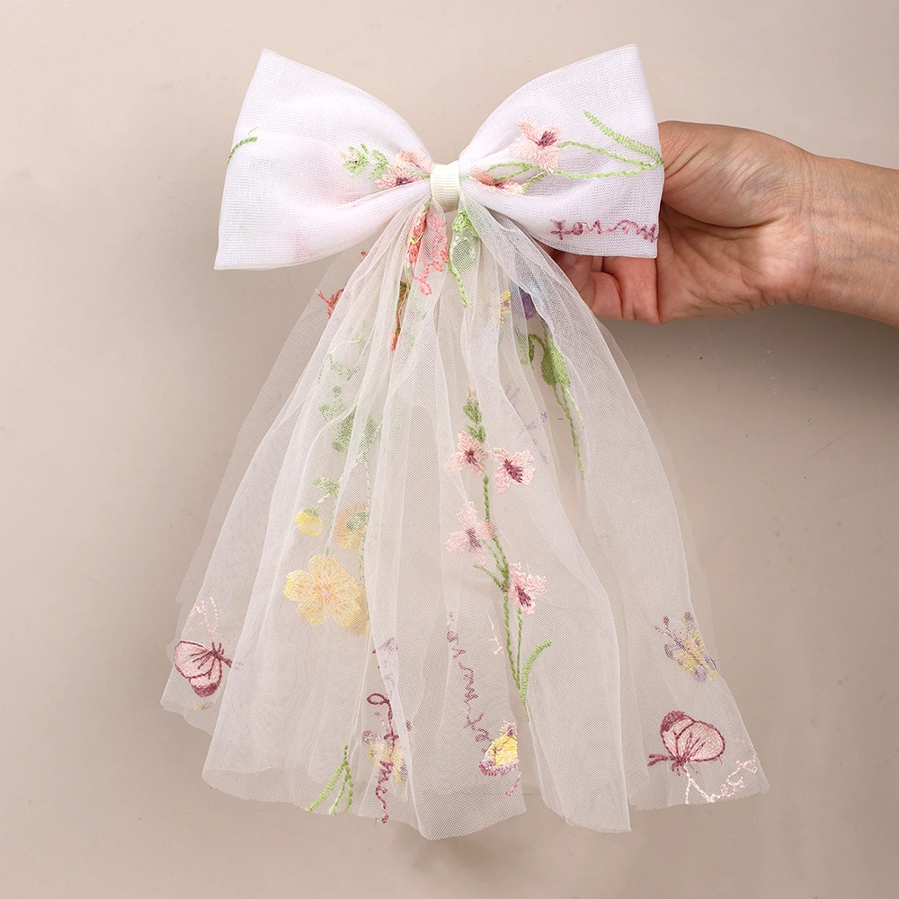 White Tulle Hair Clips For Girls Fairy Mesh Bow Large Hairpin Flower Barrette Summer Party Wedding Women Headdress Accessories