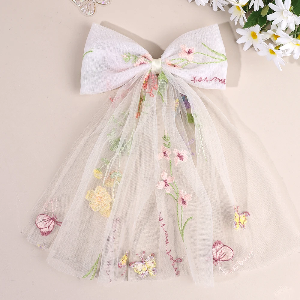 White Tulle Hair Clips For Girls Fairy Mesh Bow Large Hairpin Flower Barrette Summer Party Wedding Women Headdress Accessories
