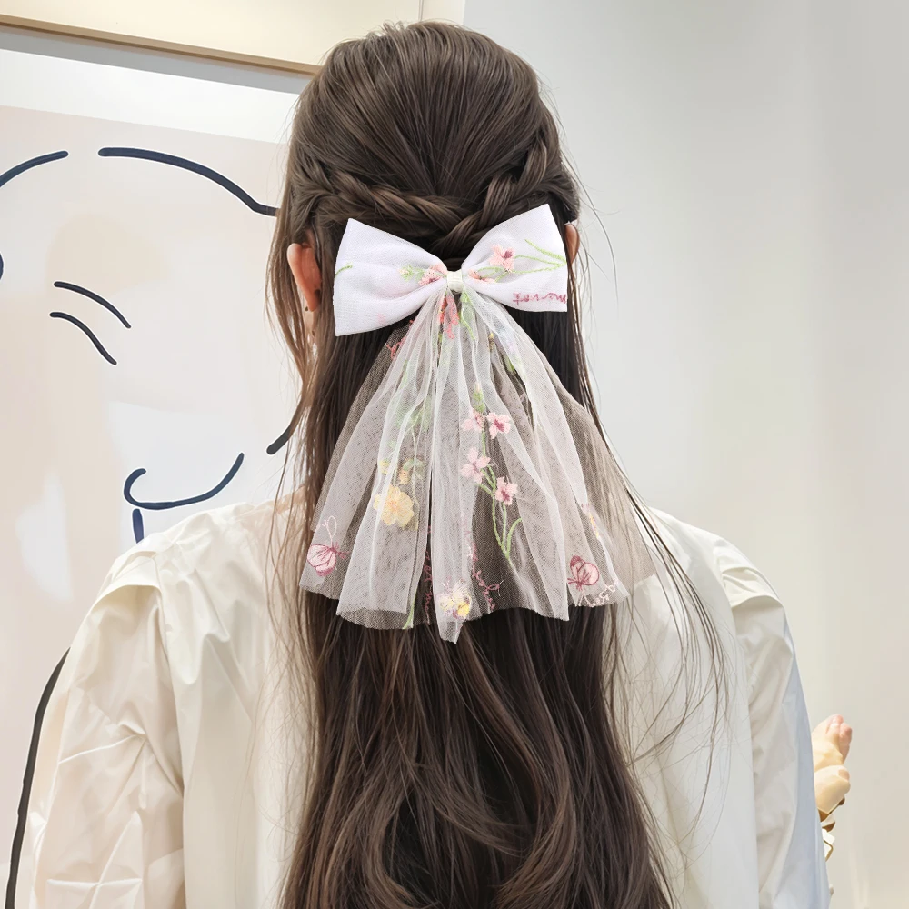 White Tulle Hair Clips For Girls Fairy Mesh Bow Large Hairpin Flower Barrette Summer Party Wedding Women Headdress Accessories
