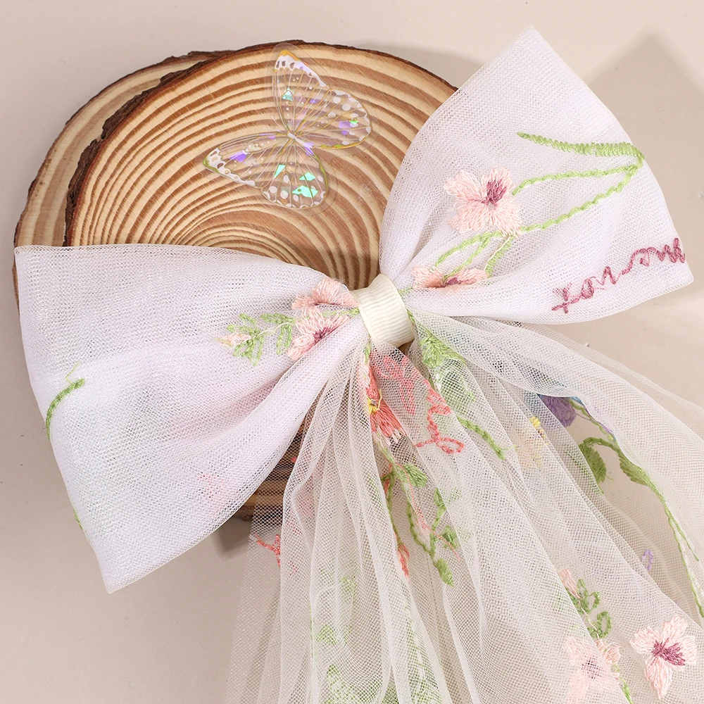 White Tulle Hair Clips For Girls Fairy Mesh Bow Large Hairpin Flower Barrette Summer Party Wedding Women Headdress Accessories