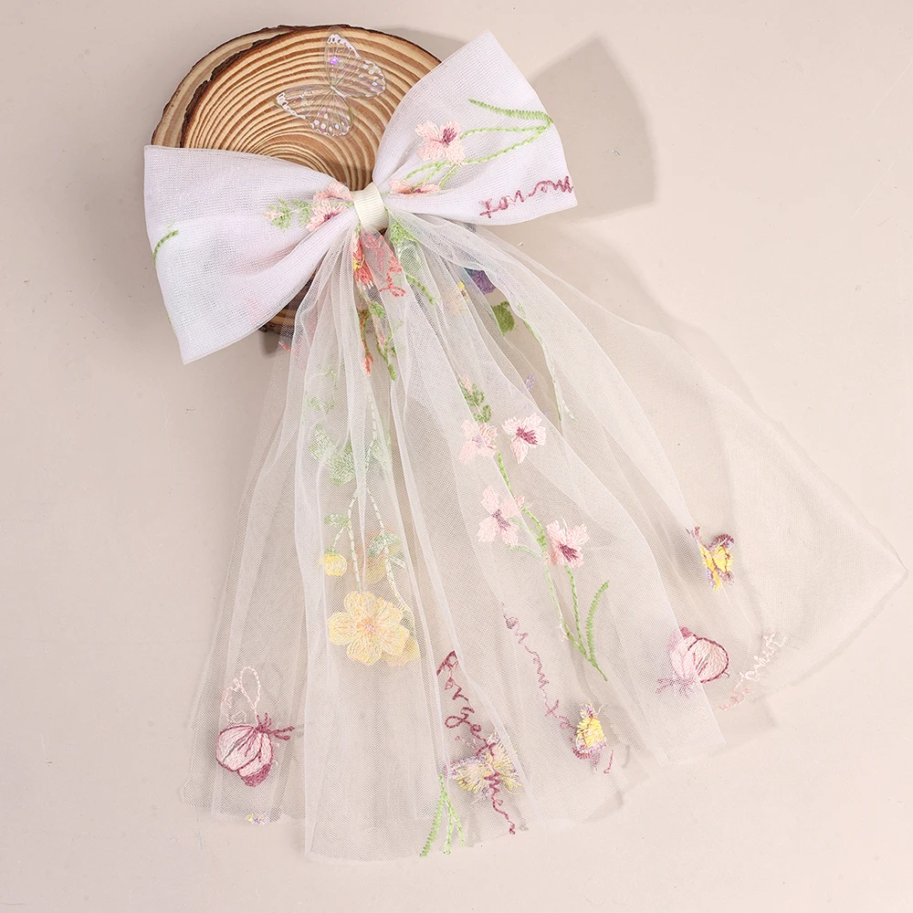White Tulle Hair Clips For Girls Fairy Mesh Bow Large Hairpin Flower Barrette Summer Party Wedding Women Headdress Accessories