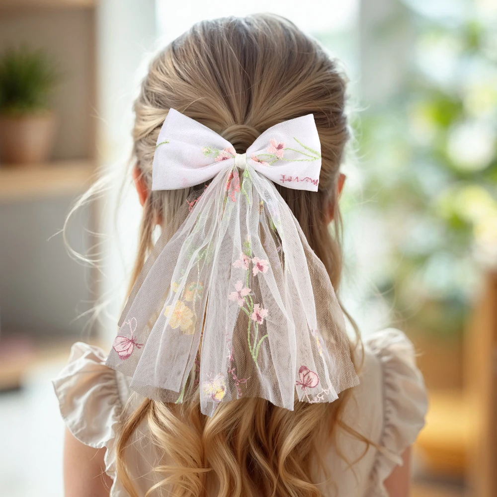 White Tulle Hair Clips For Girls Fairy Mesh Bow Large Hairpin Flower Barrette Summer Party Wedding Women Headdress Accessories