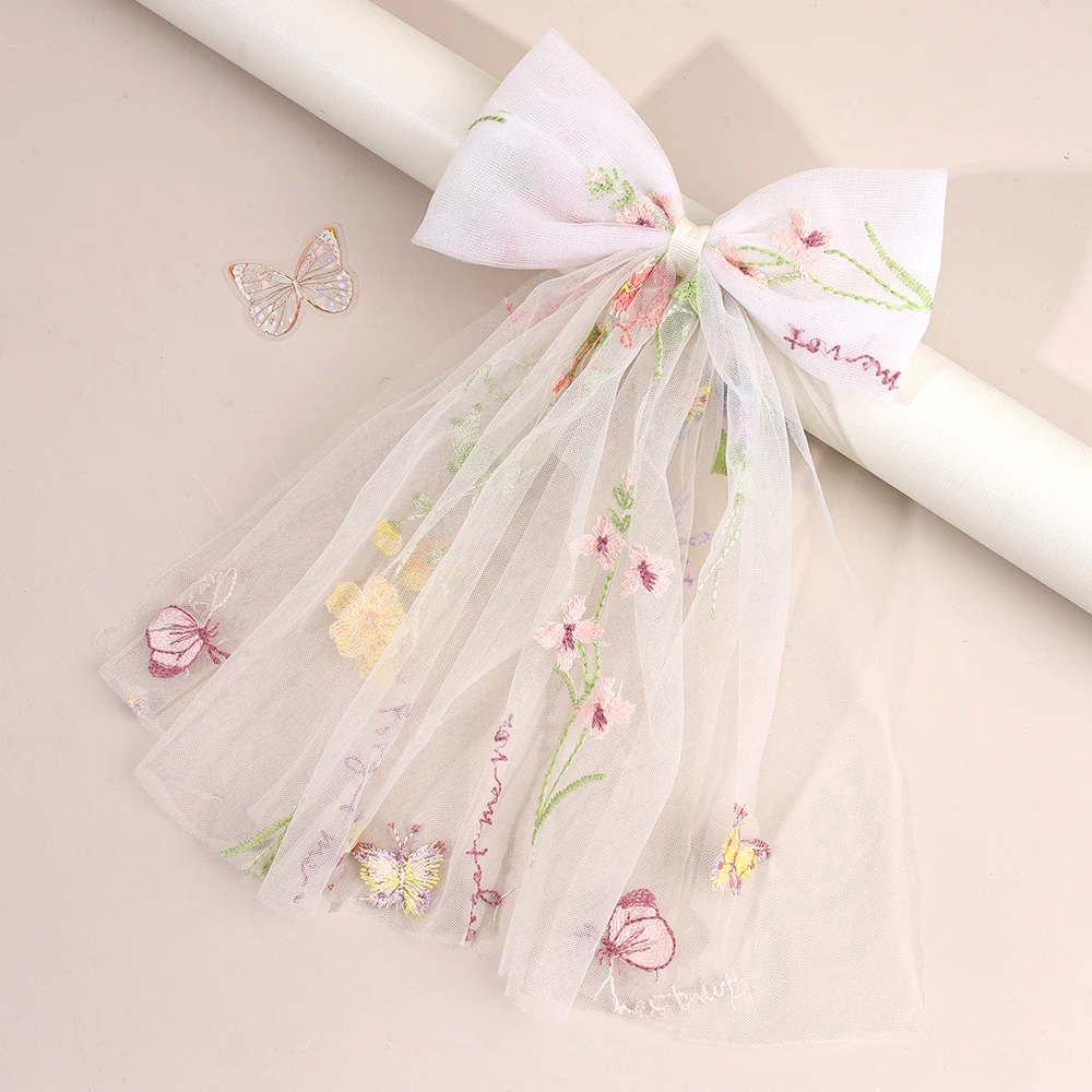 White Tulle Hair Clips For Girls Fairy Mesh Bow Large Hairpin Flower Barrette Summer Party Wedding Women Headdress Accessories