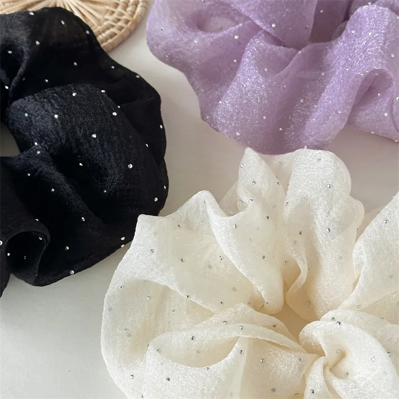 Fashion Rhinestone Mesh Hairband Chiffon Scrunchies Women Korean Silk Elastic Hair Tie Ponytail Holder Headwear Hair Accessories