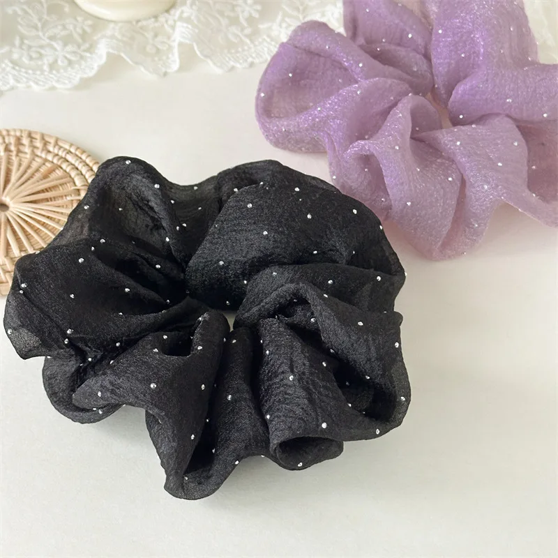 Fashion Rhinestone Mesh Hairband Chiffon Scrunchies Women Korean Silk Elastic Hair Tie Ponytail Holder Headwear Hair Accessories