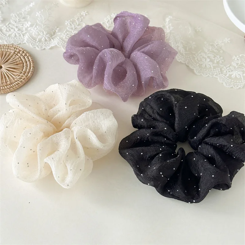 Fashion Rhinestone Mesh Hairband Chiffon Scrunchies Women Korean Silk Elastic Hair Tie Ponytail Holder Headwear Hair Accessories