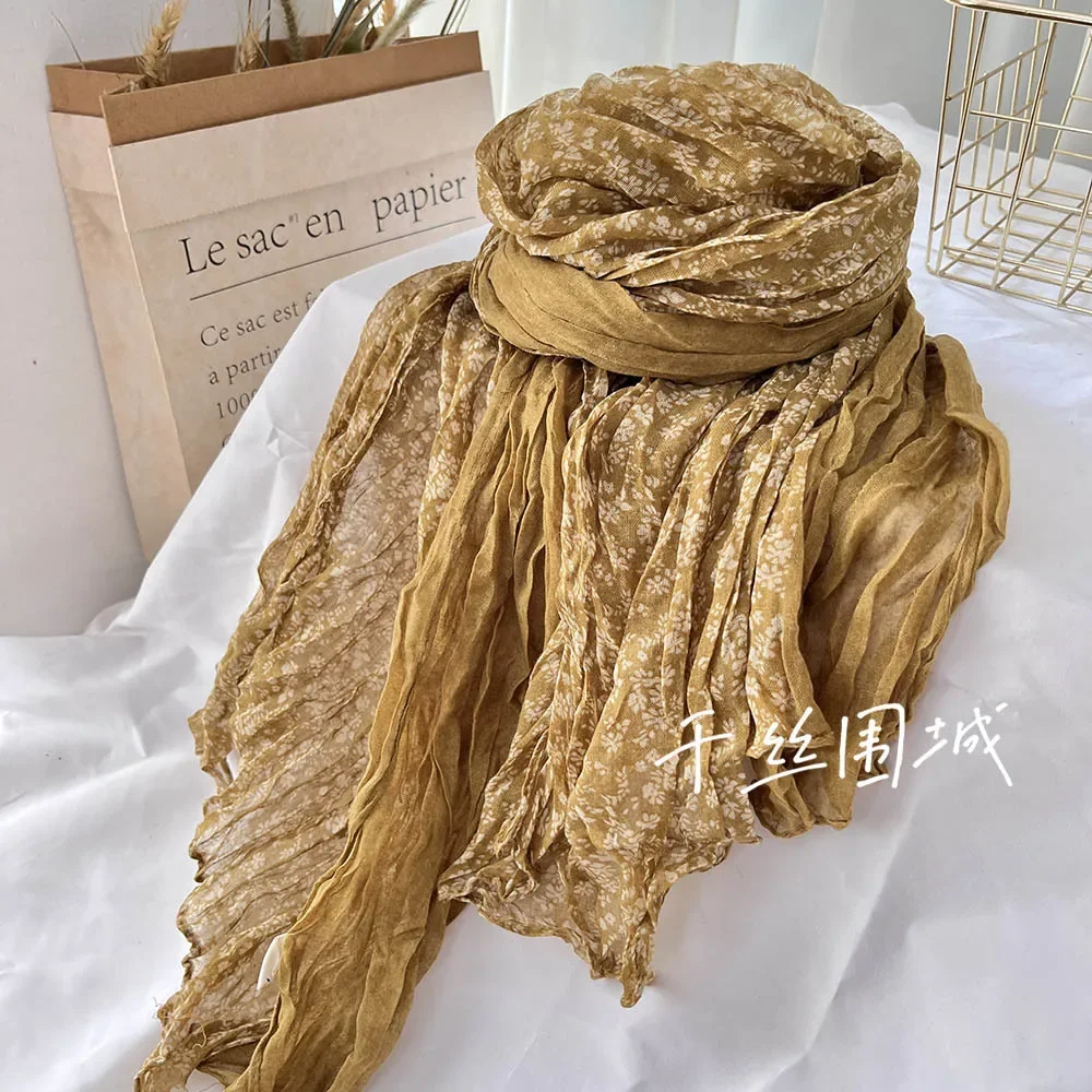 New Retro Art Cotton and Hemp Folded Thin Versatile Shawl with Small Fragmented Flower Scarf and Japanese Autumn and Winter
