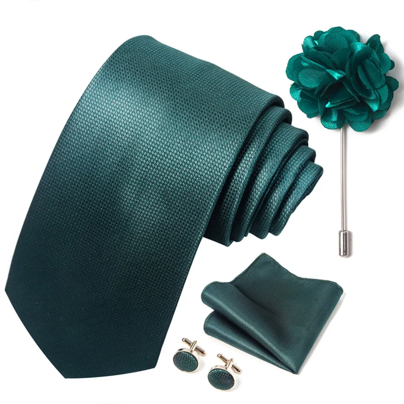 Brand Fashion Luxurious Green Floral Necktie Pocket Square Cufflinks Brooch Set Man Suit Accessories Birthday Present
