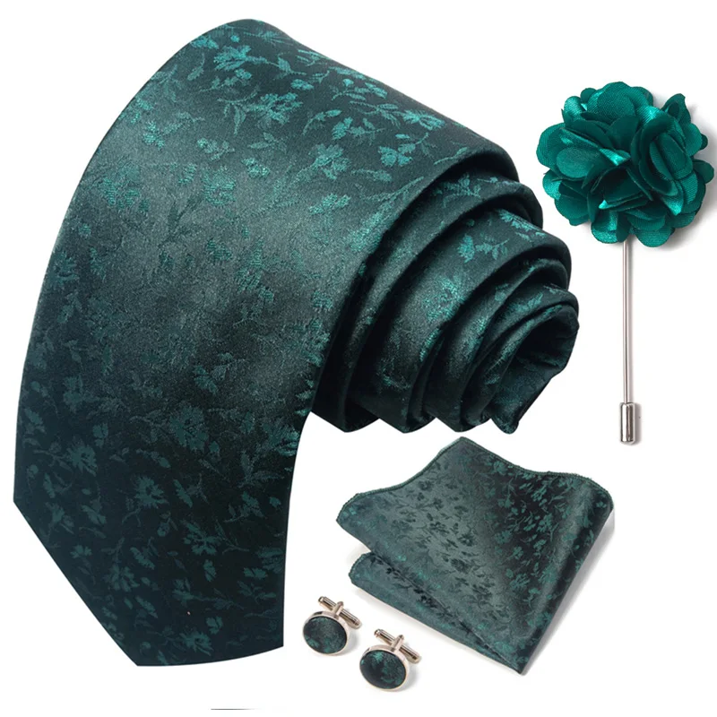 Brand Fashion Luxurious Green Floral Necktie Pocket Square Cufflinks Brooch Set Man Suit Accessories Birthday Present
