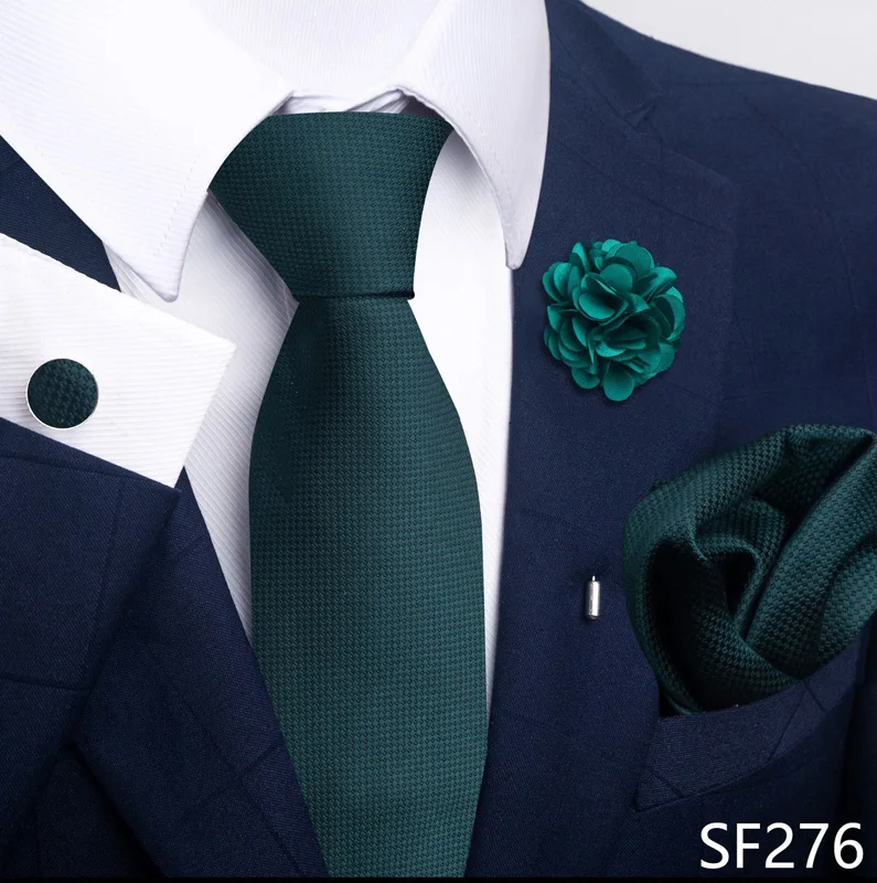 Brand Fashion Luxurious Green Floral Necktie Pocket Square Cufflinks Brooch Set Man Suit Accessories Birthday Present