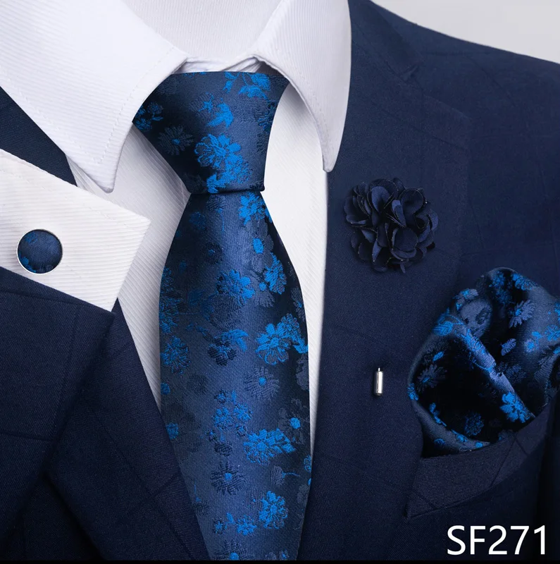 Brand Fashion Luxurious Green Floral Necktie Pocket Square Cufflinks Brooch Set Man Suit Accessories Birthday Present