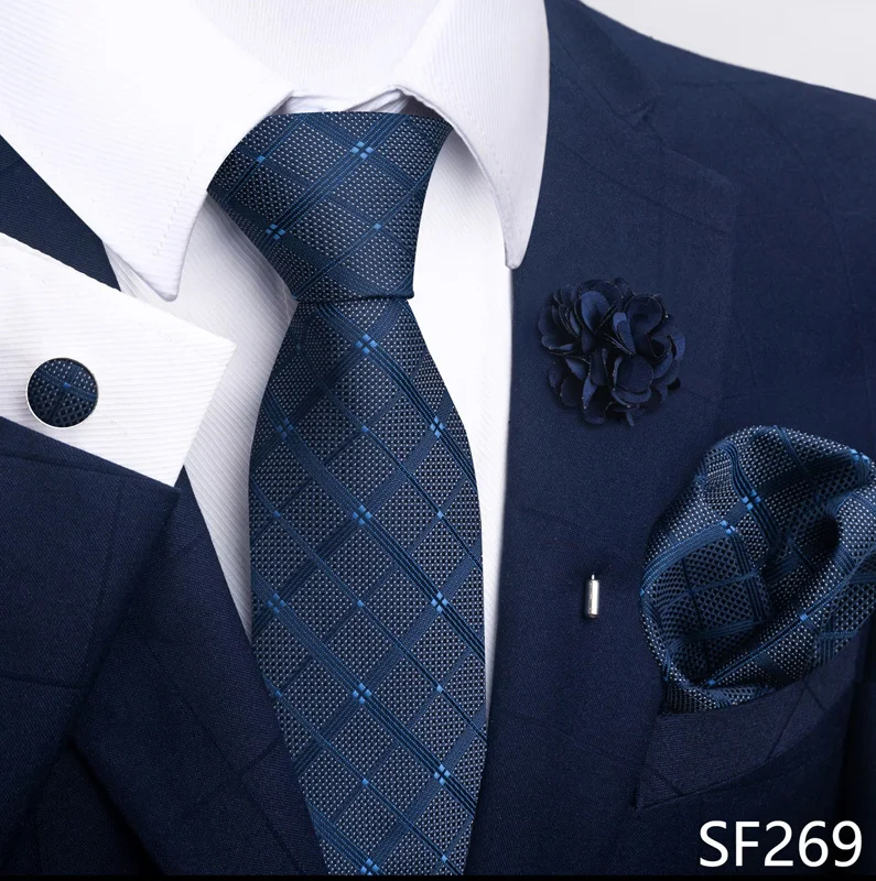 Brand Fashion Luxurious Green Floral Necktie Pocket Square Cufflinks Brooch Set Man Suit Accessories Birthday Present