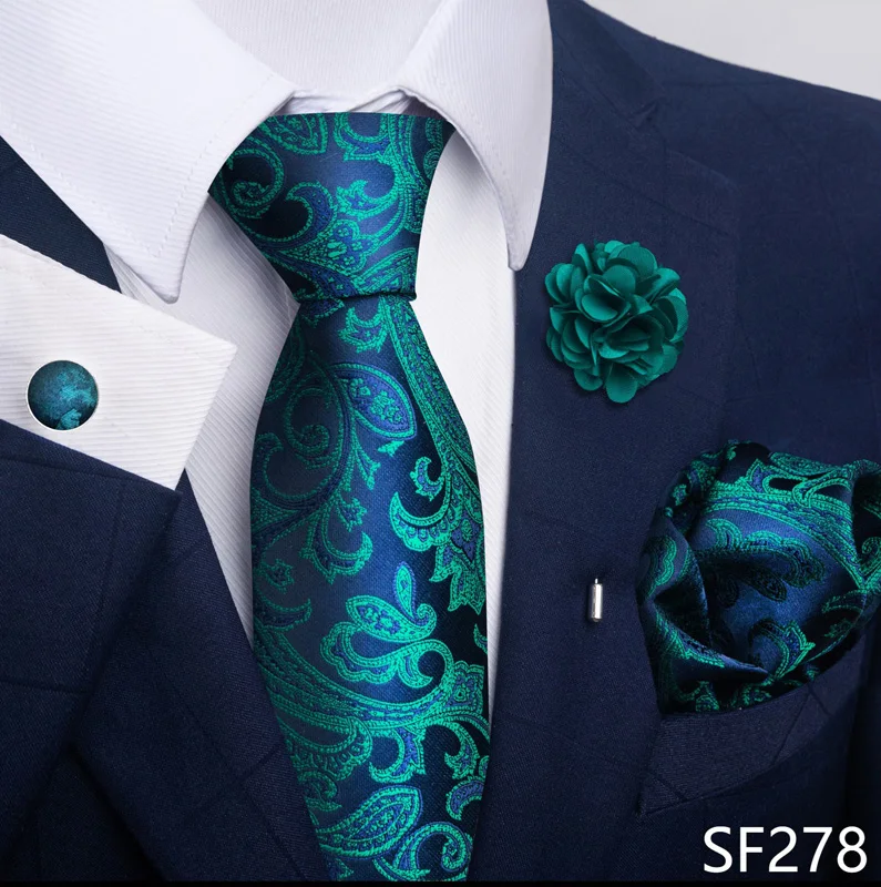 Brand Fashion Luxurious Green Floral Necktie Pocket Square Cufflinks Brooch Set Man Suit Accessories Birthday Present