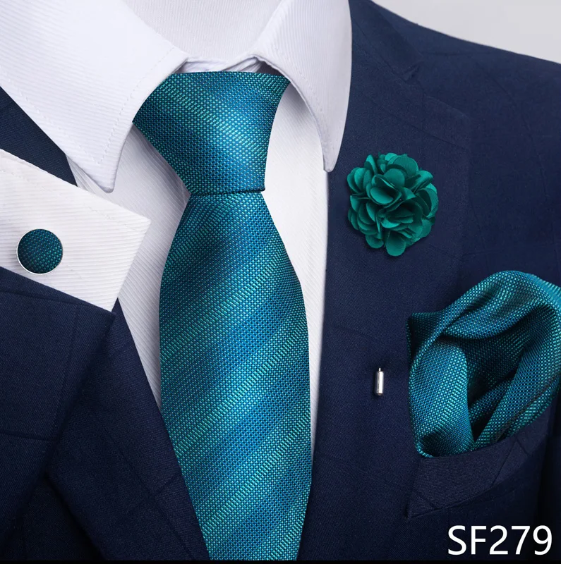 Brand Fashion Luxurious Green Floral Necktie Pocket Square Cufflinks Brooch Set Man Suit Accessories Birthday Present