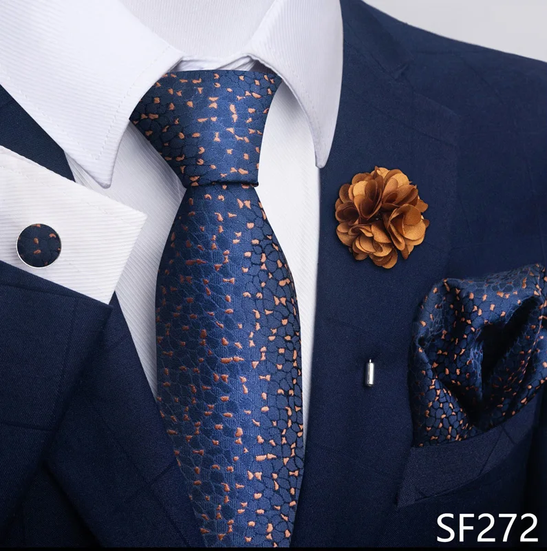 Brand Fashion Luxurious Green Floral Necktie Pocket Square Cufflinks Brooch Set Man Suit Accessories Birthday Present
