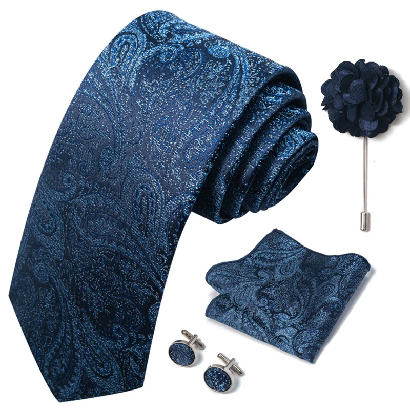Brand Fashion Luxurious Green Floral Necktie Pocket Square Cufflinks Brooch Set Man Suit Accessories Birthday Present