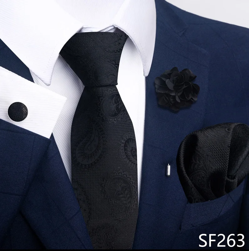 Brand Fashion Luxurious Green Floral Necktie Pocket Square Cufflinks Brooch Set Man Suit Accessories Birthday Present