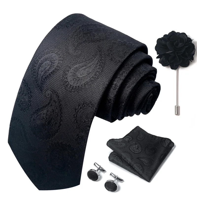 Brand Fashion Luxurious Green Floral Necktie Pocket Square Cufflinks Brooch Set Man Suit Accessories Birthday Present