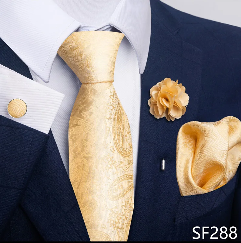 Brand Fashion Luxurious Green Floral Necktie Pocket Square Cufflinks Brooch Set Man Suit Accessories Birthday Present