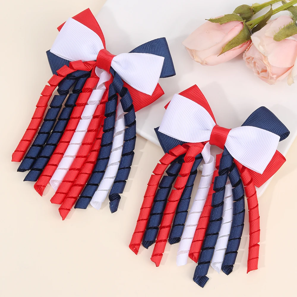 2Pcs Curly Ribbon Hair Clips For Girls Sweet Cute Colorful Tassel Bow Barrette Ponytail Hairpins Children Headdress Accessories