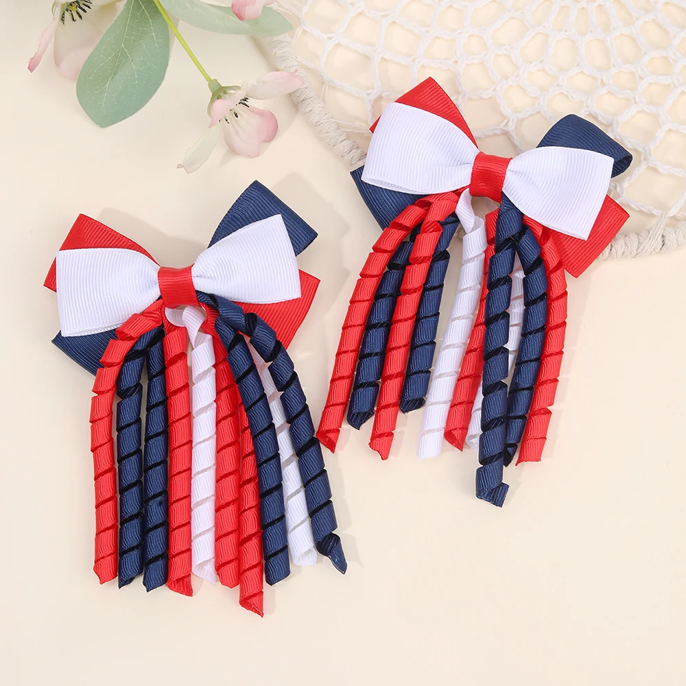 2Pcs Curly Ribbon Hair Clips For Girls Sweet Cute Colorful Tassel Bow Barrette Ponytail Hairpins Children Headdress Accessories