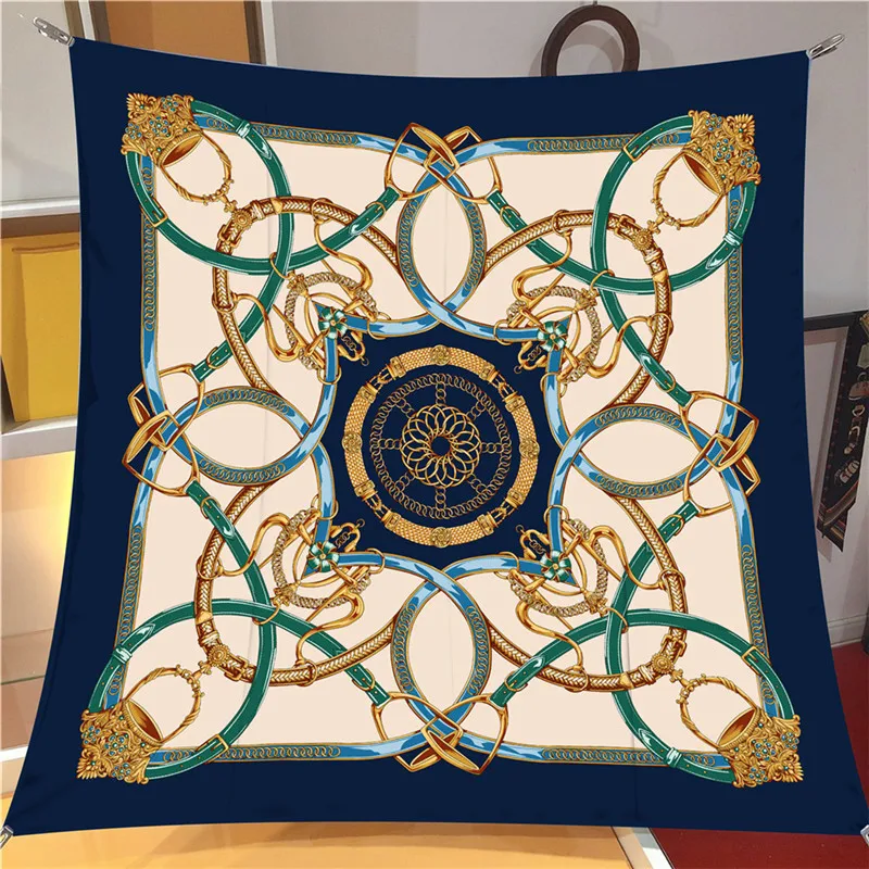 90cm Twill Silk Scarf Shawl Luxury Brand Belts Chains Print Square Scarf Women Hijabs Bandana Foulard Neckerchief Head Scarves
