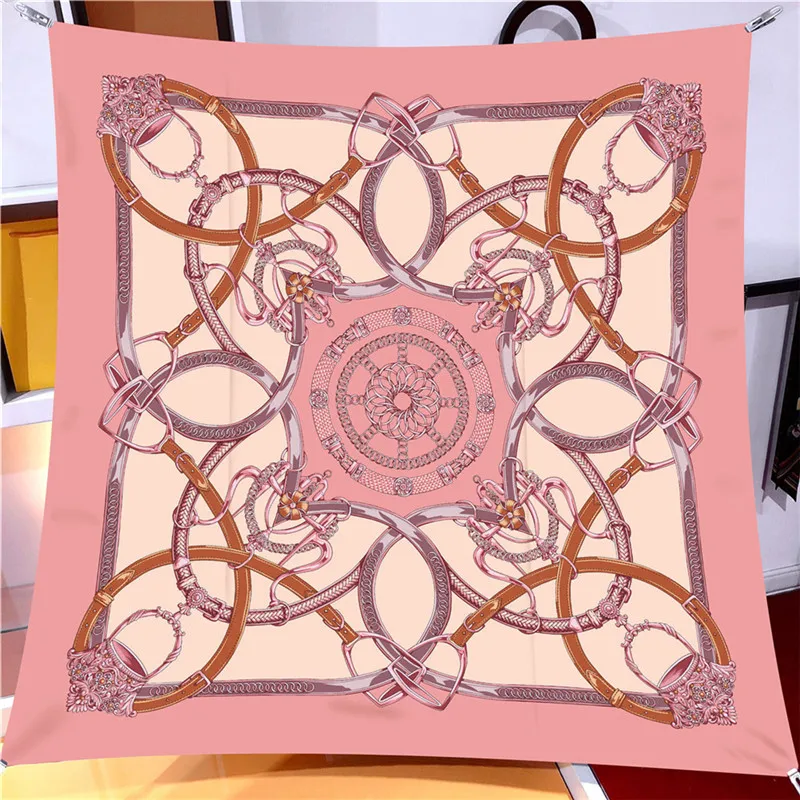 90cm Twill Silk Scarf Shawl Luxury Brand Belts Chains Print Square Scarf Women Hijabs Bandana Foulard Neckerchief Head Scarves