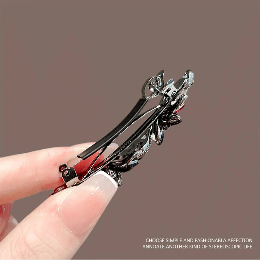 High-end New Year Red Hairpin for Women Rhinestones Glazed Flowers One-word Clip Metal Side Bangs Hair Clips