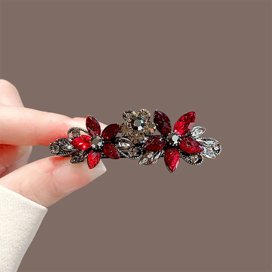 High-end New Year Red Hairpin for Women Rhinestones Glazed Flowers One-word Clip Metal Side Bangs Hair Clips