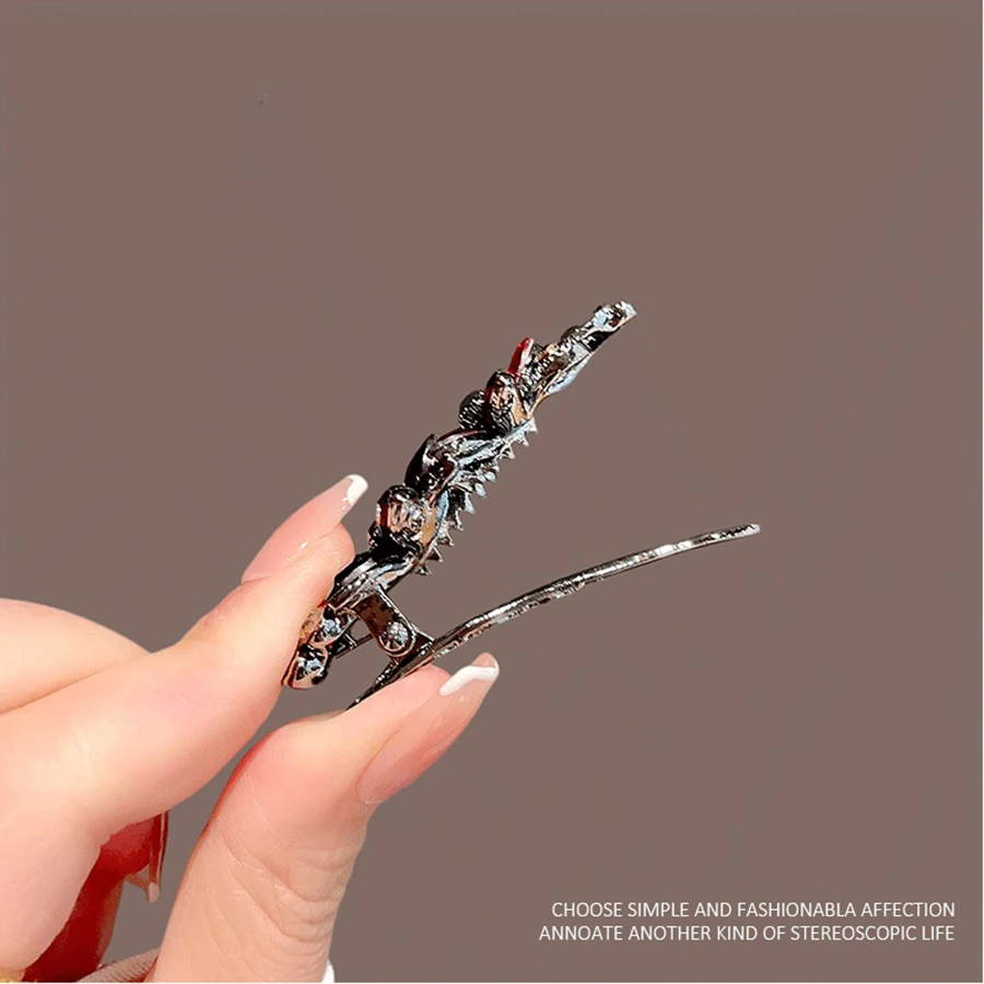 High-end New Year Red Hairpin for Women Rhinestones Glazed Flowers One-word Clip Metal Side Bangs Hair Clips