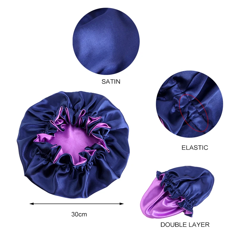 New Solid Elastic Double Layer Satin Bonnet Nightcap Doubleside Women Shower Bath Caps Night Sleep Hair Protection Hat