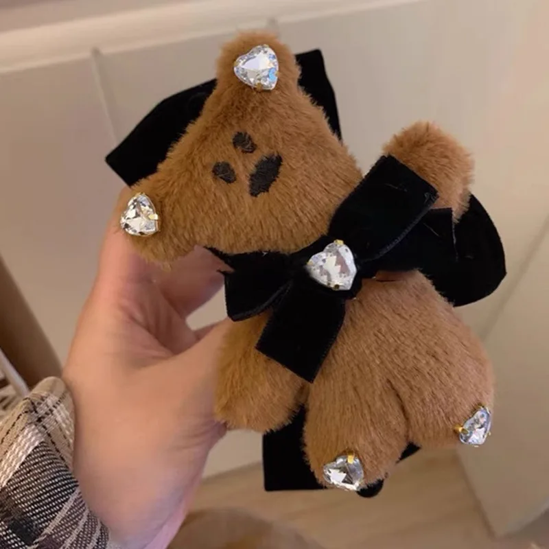 1pc Autumn and winter plush teddy bear bow clip double-sided black hair clip velvet disc hair shark clip hair accessory