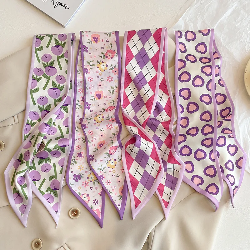 French Purple Small Long Silk Scarf Women's Versatile Headband Hair Tie Thin Narrow Tie Bag Ribbon Streamer Scarf